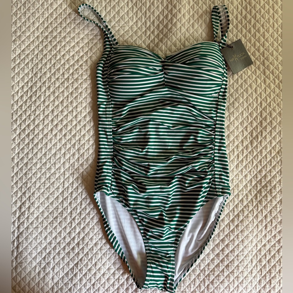 NWT Nip Tuck Green Striped One Piece Swimsuit